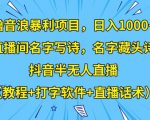 撸音浪暴利项目，日入1000+，直播间名字写诗，名字藏头诗，抖音半无人直播（教程+打字软件+直播话术）【揭秘】