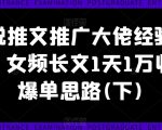 小说推文推广大佬经验分享，女频长文1天1万收益爆单思路(下)